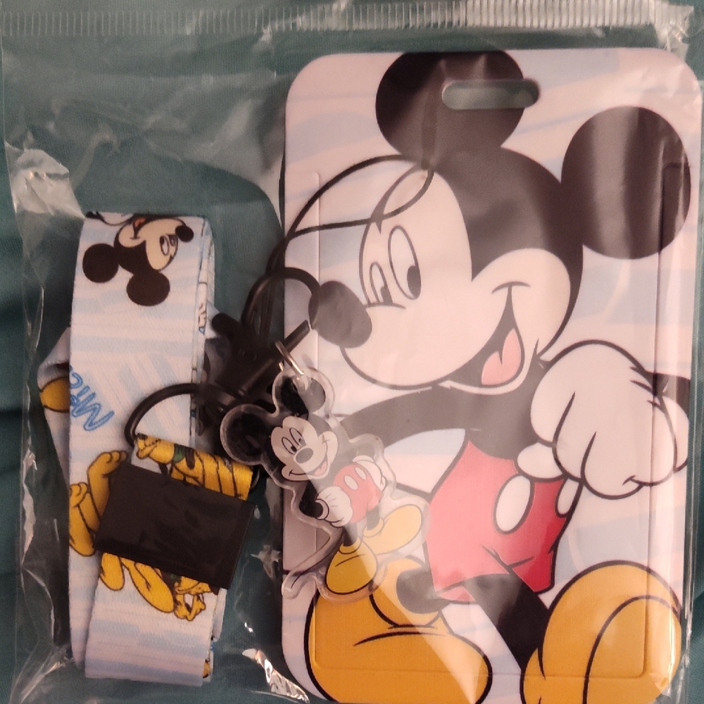 Mickey Mouse ID Card Holder and Lanyard - Black, Yellow, Red and Blue